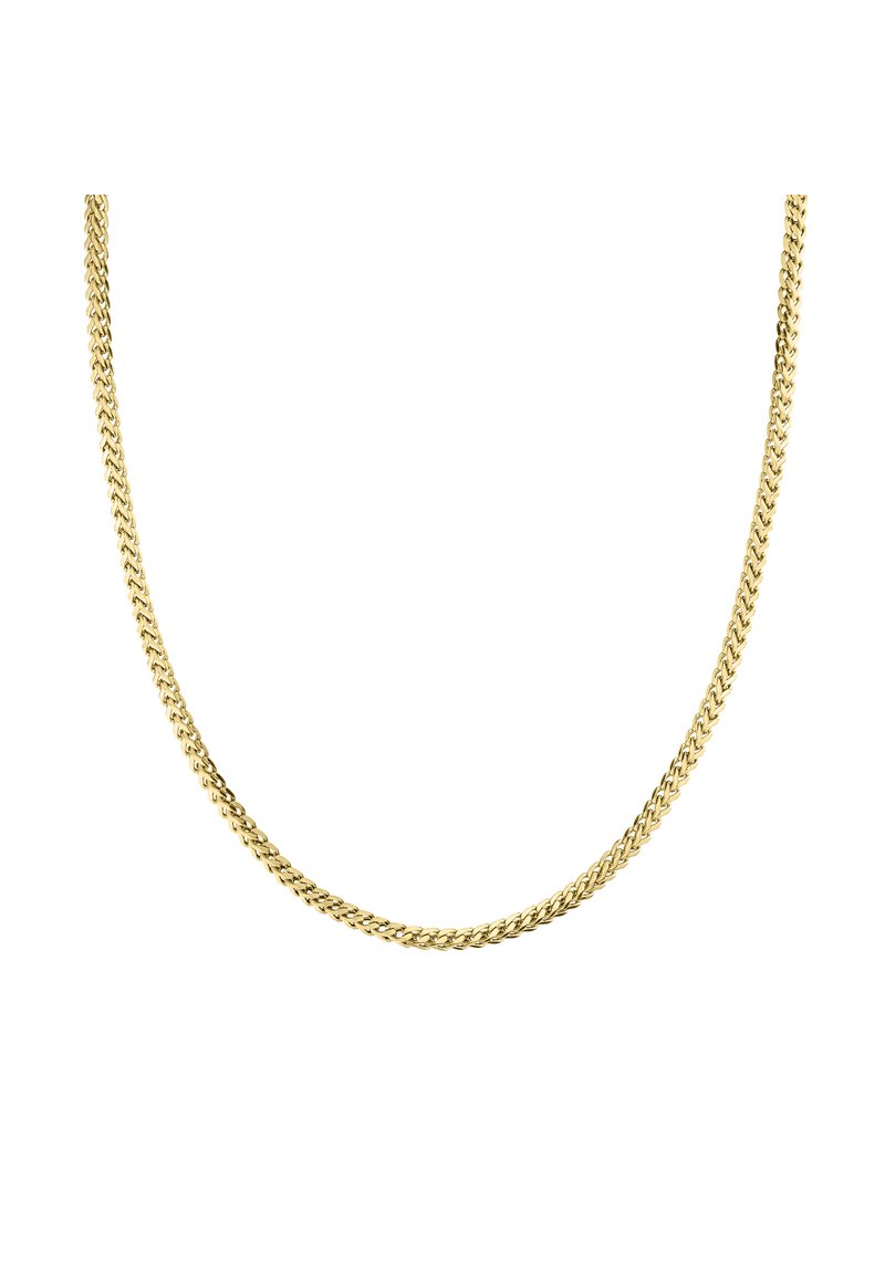 Goldfarbene Metallkette mit einem geflochtenen Design, das aus glatten, runden Gliedern besteht und eine glänzende Oberfläche sowie eine gleichmäßige Textur aufweist.
