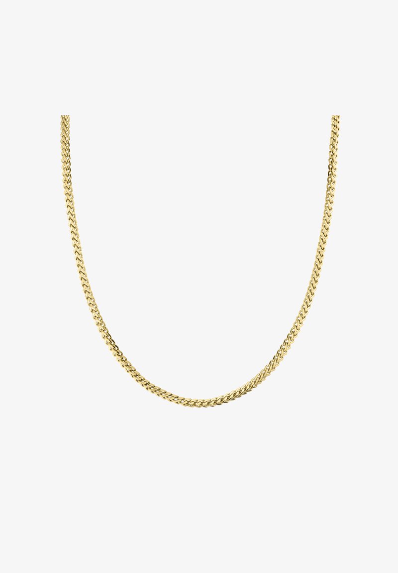 Gouden metalen ketting met een gevlochten ontwerp en gladde, ronde schakels, die een glanzende afwerking en een egale textuur toont.