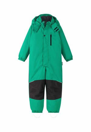 Tuta da neve isolata per bambini, monopezzo, verde e nera, con cappuccio, polsini elasticizzati, tasca con cerniera sul petto e cinturini per i piedi.