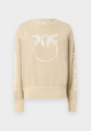 Beige sweatshirt with a round neckline and long sleeves. Features a white distressed graphic of two birds in a circular design on the front.