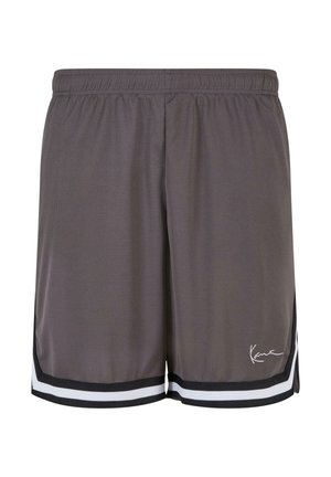 Szürke sportshort, texturált anyagból, elasztikus övvel és fekete-fehér oldalcsíkokkal. Az alján nyomtatott logó található.