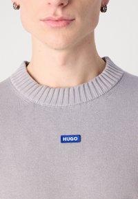 Pelēka džemperis ar ribotu apkakli, ar zilu "HUGO" logotipa uzlīmi uz krūšu daļas. Materiāls izskatās gluds un viegls.