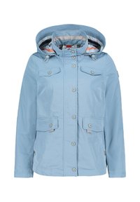 Hellblaues wasserdichtes Jackett mit Kapuze, Frontreißverschluss und Druckknopfverschlüssen, ausgestattet mit zwei Brusttaschen und verstellbaren Kordeln.
