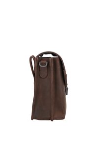 Brązowa skórzana torba o prostokątnym kształcie, z górnym uchwytem, bocznymi szwami i metalowymi akcentami dla zwiększenia trwałości. Brak widocznych wzorów.