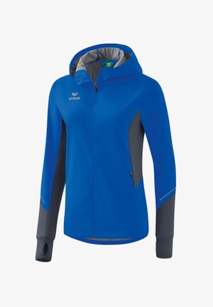 Blauwe sportjas met een capuchon, voorzien van grijze accenten op de mouwen, ritszakken en een gestructureerde pasvorm. Gemaakt van een lichtgewicht, rekbaar materiaal.