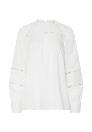 Witte blouse met lange mouwen en hoge hals, voorzien van ingewikkelde kant- en textuurdetails op de mouwen en het lijfje. Zachte katoenstof.