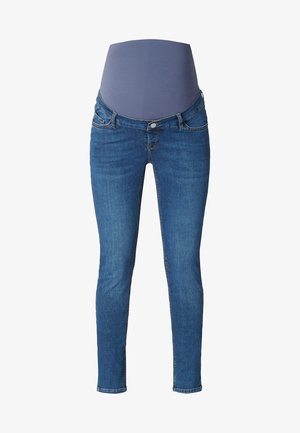 Blue maternity jeans with a high, stretchy gray waistband designed to support a pregnant belly.