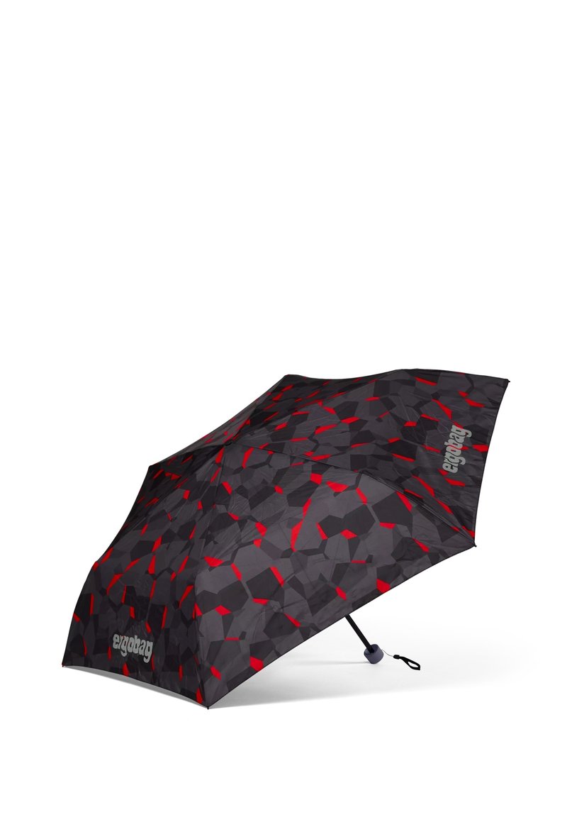 Compact black umbrella with a geometric pattern in red and gray, featuring a manual open/close mechanism and an ergonomic handle.