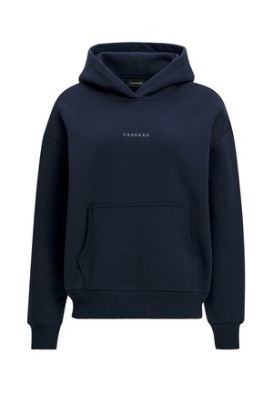 Marineblå hettejakke med front kangurulomme og "CASPARA"-tekst sentrert på brystet, med ribbet mansjetter og linning.