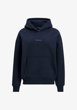Marineblå hettejakke med front kangurulomme og "CASPARA"-tekst sentrert på brystet, med ribbet mansjetter og linning.