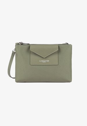 Olive green rectangular wristlet clutch with front envelope pocket and silver zipper, featuring "Lancaster Paris" logo in white.