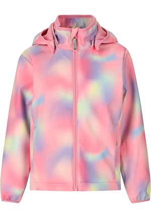 Pigepastelfarvet softshelljakke i lyserød med hætte, hel lynlås foran og elastiske manchetter, med et flerfarvet tie-dye mønster.