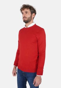 Maglione rosso con scollo rotondo realizzato in tessuto liscio, caratterizzato da maniche lunghe e polsini a coste. Indossato sopra una camicia bianca con colletto, abbinato a jeans blu.