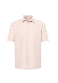 Korte mouw shirt, lichtroze linnen stof, standaard kraag, knoopsluiting aan de voorkant, relaxed fit, minimale textuur, geen patronen.