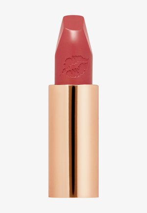 Lipstick in a rose shade, housed in a metallic gold tube. The bullet shape features a kiss imprint, with a smooth, matte finish.