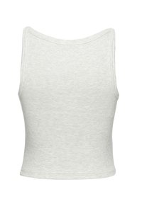 Szary prążkowany top na ramiączkach z okrągłym dekoltem i lekko skróconym krojem. Materiał wydaje się miękki o gładkiej fakturze. Brak widocznych elementów metalowych.