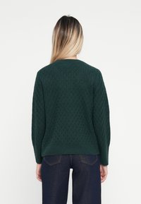 Pull en maille de couleur vert foncé avec un motif en diamant texturé, col rond et ourlet côtelé. Coupe décontractée, vu de l'arrière.
