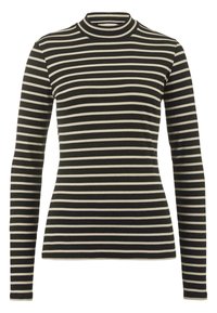 Langsleeve gestreepte top in donkergroen en crème, met een hoge halslijn en een nauwsluitend ribgebreid ontwerp. Gladde textuur, casual stijl.