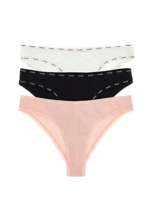 Tre paia di mutandine: bianche, nere e rosa. Ognuna presenta un sottile elastico con la parola "GUESS" ripetuta. Tessuto liscio ed elastico.