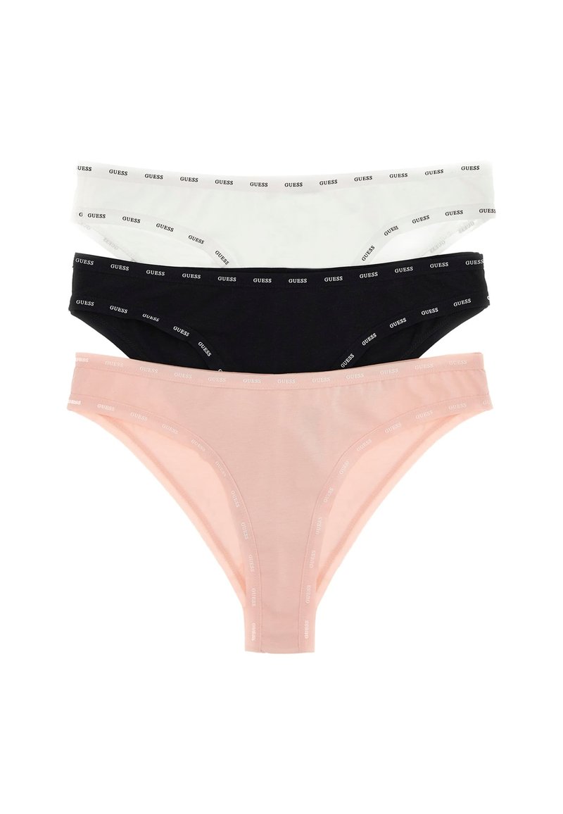 Tre paia di mutandine: bianche, nere e rosa. Ognuna presenta un sottile elastico con la parola "GUESS" ripetuta. Tessuto liscio ed elastico.
