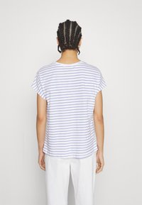 White short-sleeve shirt featuring blue horizontal stripes, a round neckline, and a relaxed fit. The back displays a smooth texture and subtle seam details.
