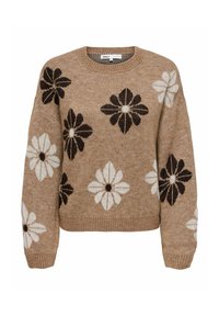 Suéter de punto color beige con patrones florales en blanco y marrón oscuro. Presenta un cuello redondo y puños y dobladillo acanalados. Textura acogedora.