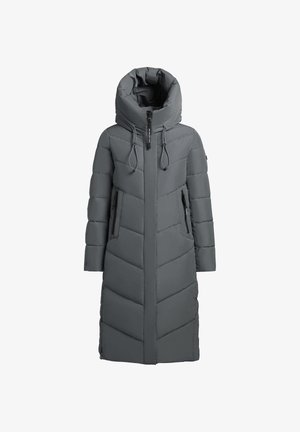 Dlouhý prošívaný kabát v tmavě šedé barvě. Má zvýšený límec, zipové zapínání a dvě boční kapsy na zip. Design prošívání ve tvaru šípů po celém povrchu.