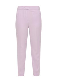 Light lavender trousers made of smooth fabric, featuring a straight leg cut, subtle crease details, and a flat waistband.
