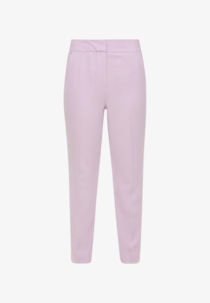 Helle Lavendelhosen aus glattem Stoff mit geradem Beinschnitt, dezenten Faltendetails und einem flachen Taillenbund.