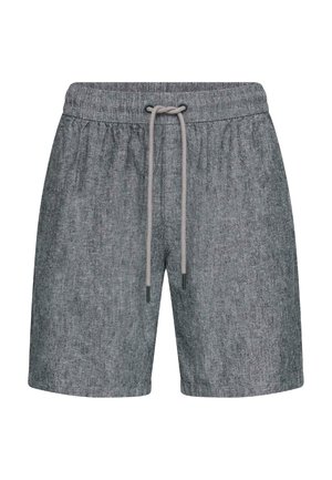 Pelēkas teksturētas šorti ar auklu un elastīgu jostasvietu, priekšējo šuvi un ikdienišķu brīvu piegriezumu.
