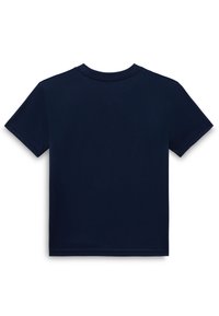 Mörkblå bomulls t-shirt med klassisk rund halsringning och korta ärmar. Slät textur, inga mönster eller utsmyckningar, bakifrån visad.