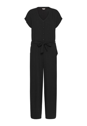 Sort kortærmet buksedragt med V-hals, knapper foran, vide ben og bælte bundet i taljen.