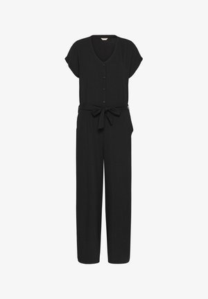 Schwarzer Kurzarm-Overall mit V-Ausschnitt, Frontknöpfen, weiter Beinform und gebundenem Taillengürtel.