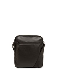 Borsa a tracolla nera in pelle con una superficie liscia, forma rettangolare, tasca frontale con zip e tracolla regolabile.