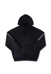 Black hooded sweatshirt with a front pocket, featuring a blue text design on the left sleeve. Made of soft fabric with a relaxed fit.