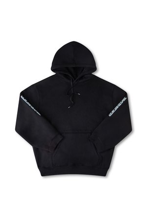Black hooded sweatshirt with a front pocket, featuring a blue text design on the left sleeve. Made of soft fabric with a relaxed fit.