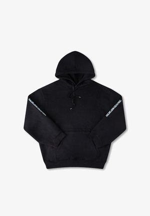 Black hooded sweatshirt with a front pocket, featuring a blue text design on the left sleeve. Made of soft fabric with a relaxed fit.