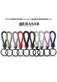 Braided leather keychains in various colors: green, gray, red, black, brown, mint, pink, purple, mounted on black metal rings.