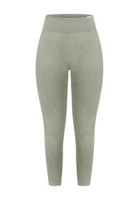 Legginsy z wysokim stanem w jasnym zielonym kolorze, wykonane z miękkiego materiału. Posiadają teksturowane akcenty i gładką powierzchnię, zwężające się ku kostce.
