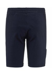 Shorts in cotone blu navy con vita elastica, caratterizzati da una texture liscia e una tasca laterale. L'orlo termina poco sopra il ginocchio.