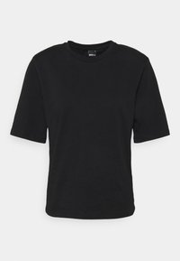 Svart bomullströja med rund hals, korta ärmar och avslappnad passform. Slät textur och inga synliga mönster eller detaljer.