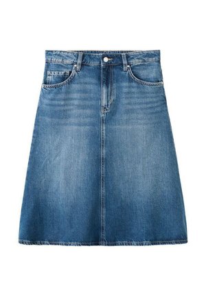 Modrá džínsová sukňa A-strihu so zapínaním na gombíky a zips vpredu, opaskovými pántmi a dvoma prednými vreckami.