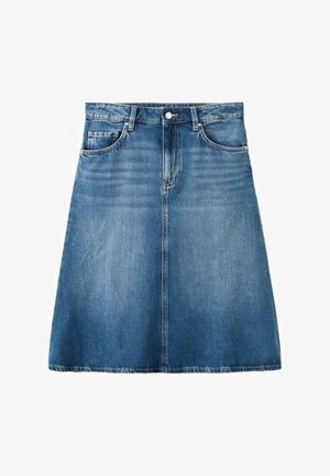 Modrá džínsová sukňa A-strihu so zapínaním na gombíky a zips vpredu, opaskovými pántmi a dvoma prednými vreckami.