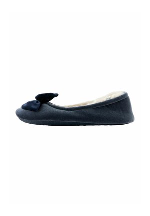 Gray fabric ballet flat with a soft texture, featuring a dark blue bow accent on the toe and a cushioned interior for comfort.