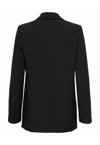 Blazer noir à la silhouette structurée, avec un col cranté et des manches longues. Tissu lisse sans embellissements visibles.