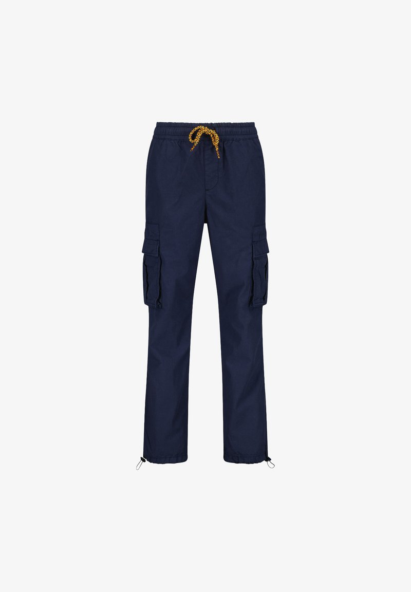 Navy cargo pants with a drawstring waist, featuring two large side pockets and elastic cuffs at the ankles. Made of lightweight fabric.