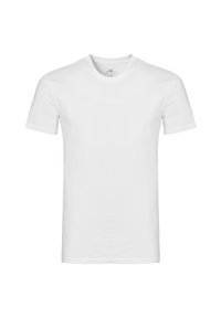 T-shirt en coton blanc avec un col rond et des manches courtes. Le tissu semble lisse sans motifs ni accents visibles.