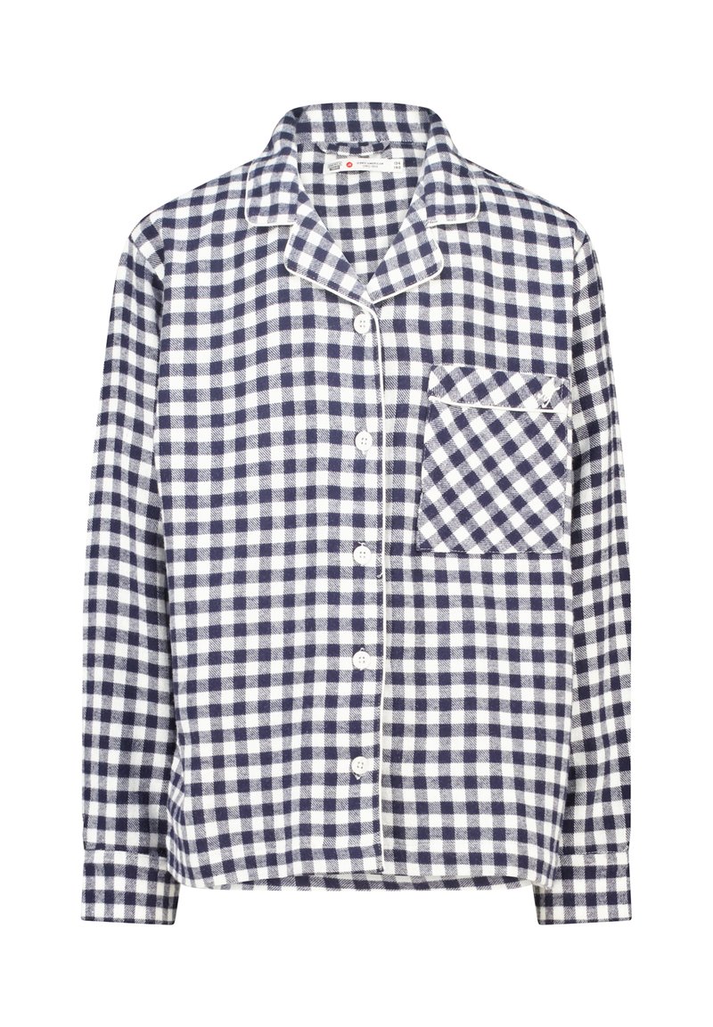 Navy and white checkered flannel shirt with long sleeves, button closure, collar, and a patch pocket on the left chest.