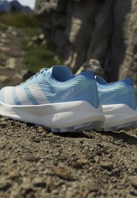 Ανοιχτό μπλε παπούτσια τρεξίματος Adidas Terrex με λευκές σόλες που ακουμπούν σε βραχώδη υπαίθρια επιφάνεια με θολό φυσικό φόντο.