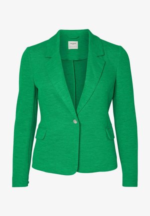Green blazer made of textured fabric, featuring a notched lapel, single button closure, and two front pockets.